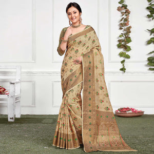 Beige Festive Wear Woven-Embellished Cotton Saree - Peachmode
