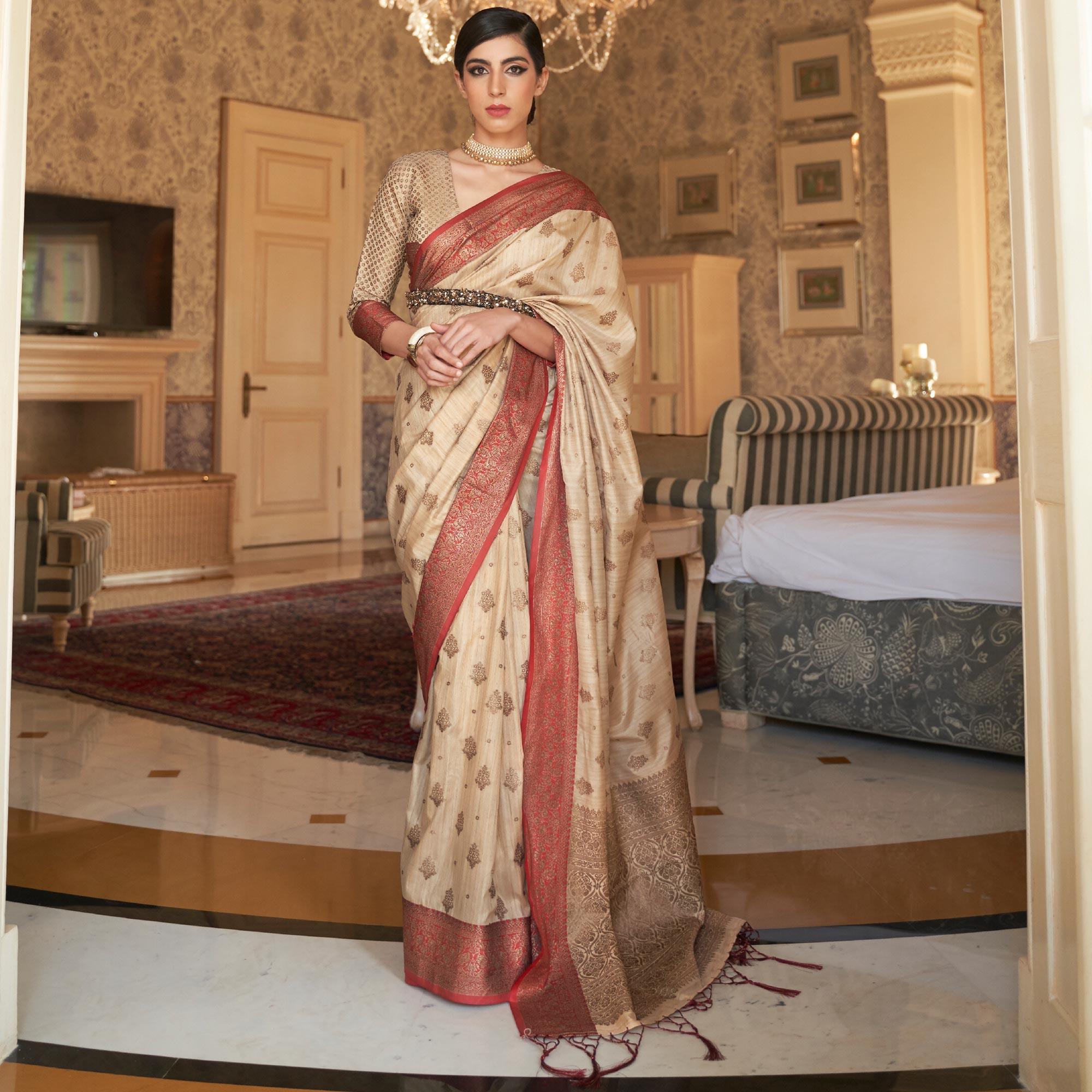 Beige Festive Wear Woven Handloom Silk Saree - Peachmode