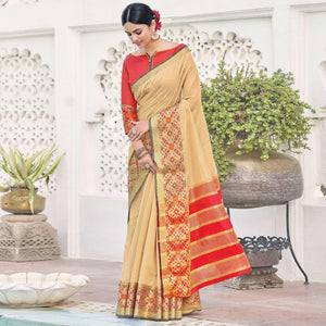 Beige Festive Wear Woven Jute Saree - Peachmode