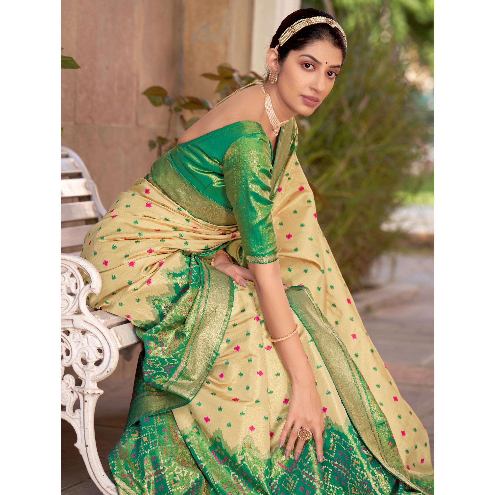 Beige Festive Wear Woven Kanjivaram Silk Saree - Peachmode