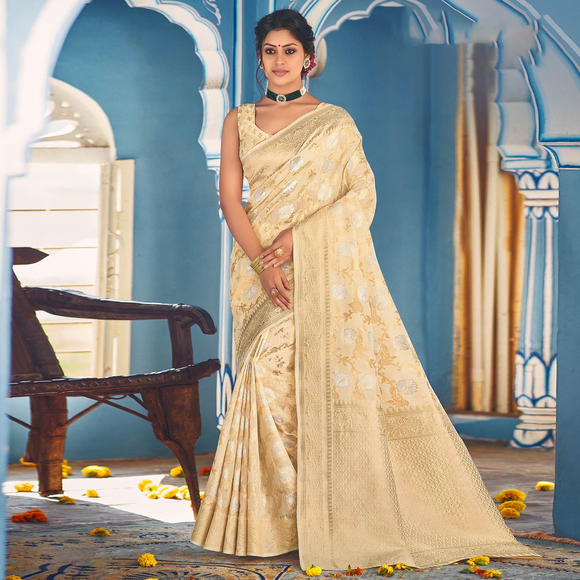 Beige Festive Wear Woven Linen Saree - Peachmode