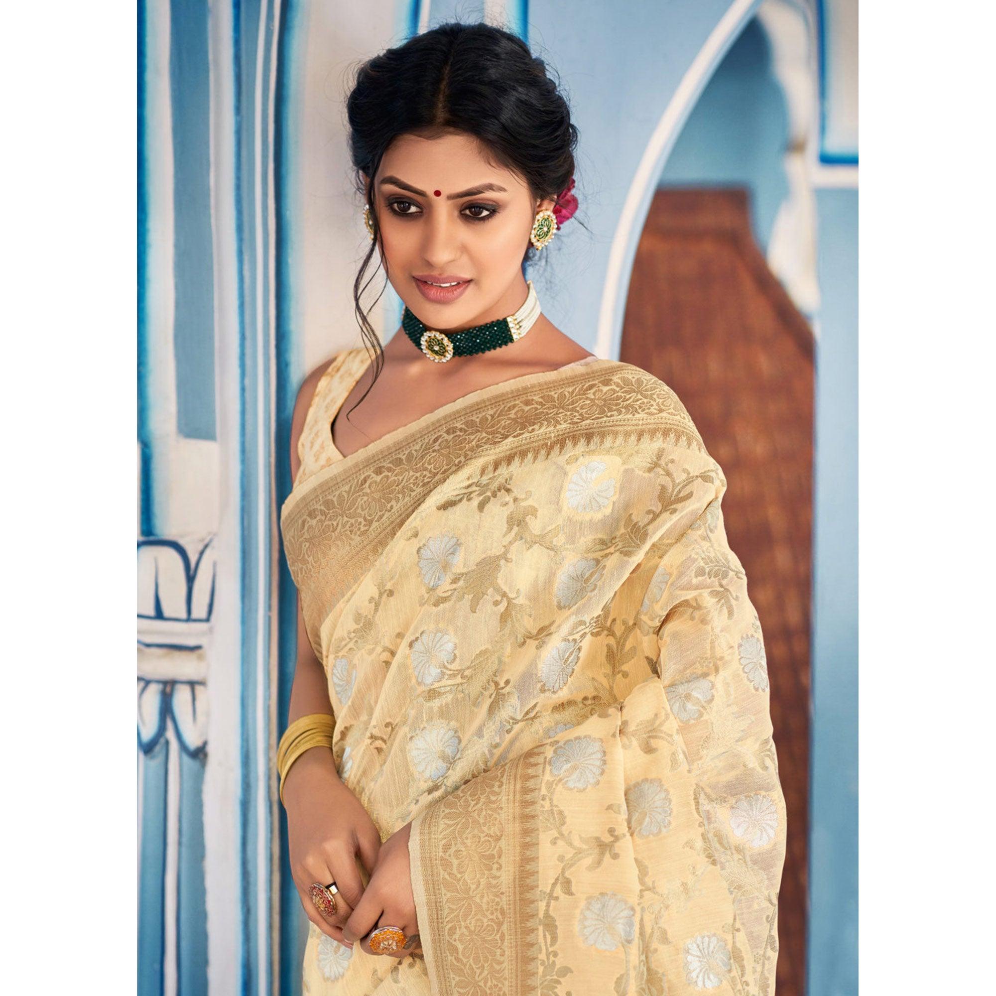 Beige Festive Wear Woven Linen Saree - Peachmode