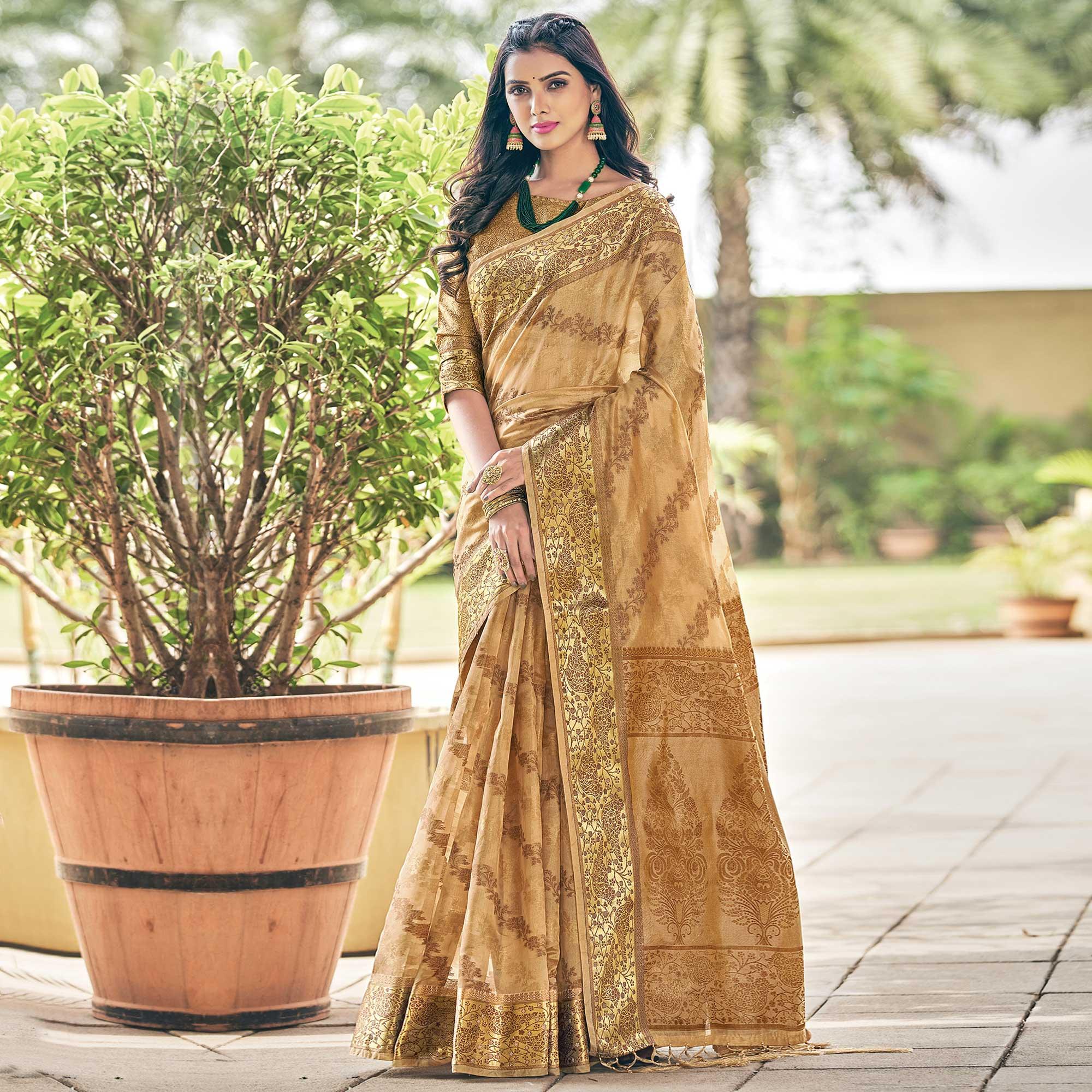 Beige Festive Wear Woven Organza Saree - Peachmode