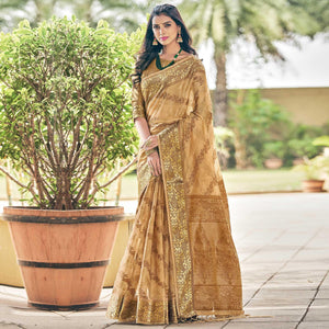 Beige Festive Wear Woven Organza Saree - Peachmode