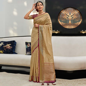 Beige Festive Wear Woven Silk Saree - Peachmode