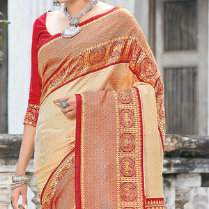 Beige Festive Wear Woven Silk Saree - Peachmode