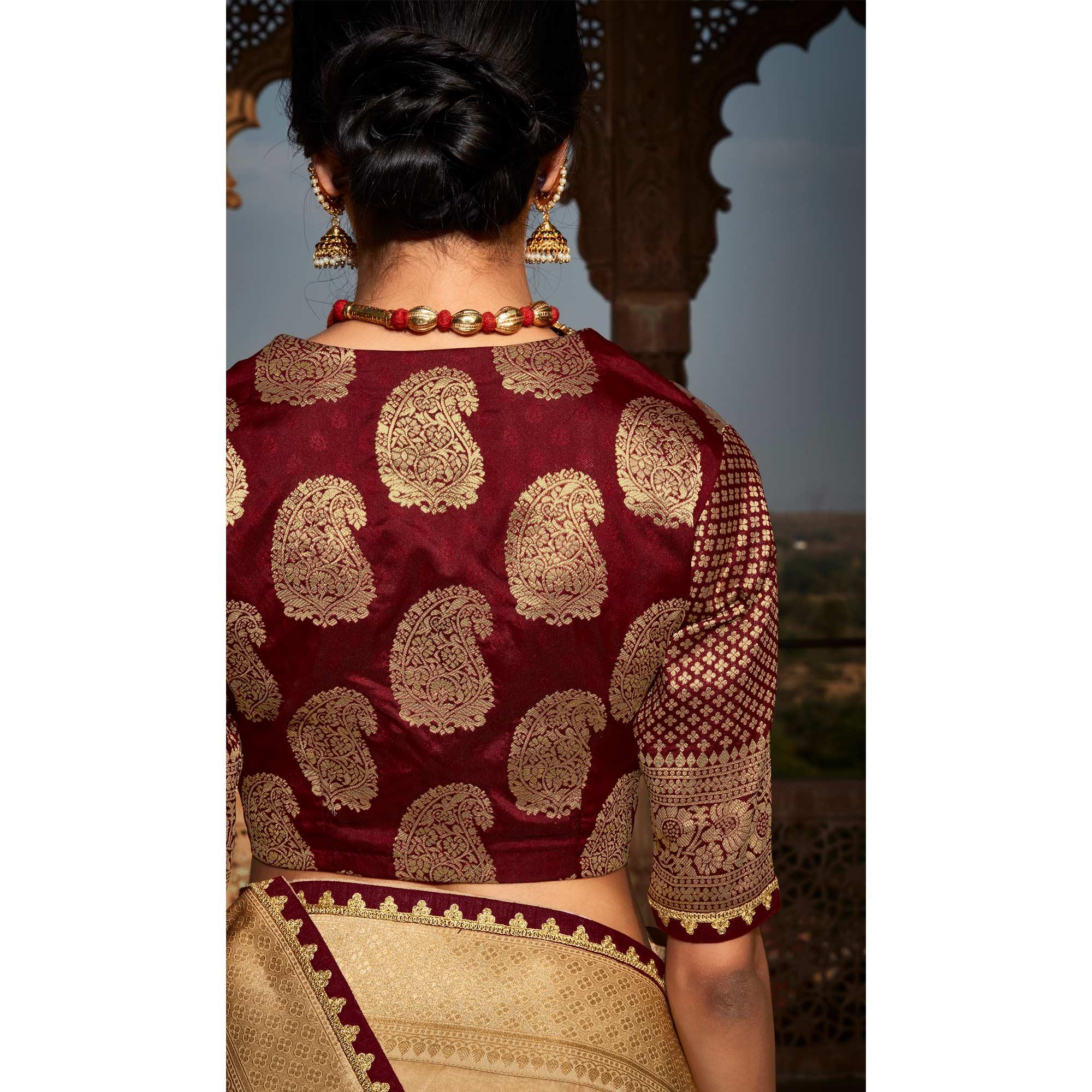Beige Festive Wear Woven Silk Saree - Peachmode