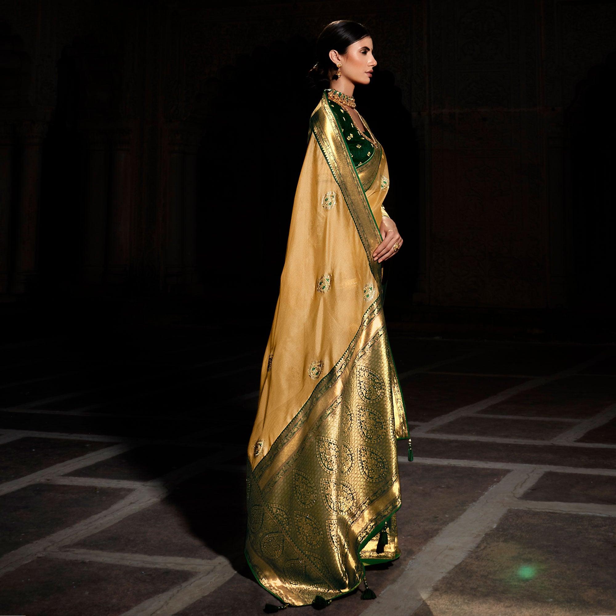 Beige Festive Wear Woven Silk Saree - Peachmode