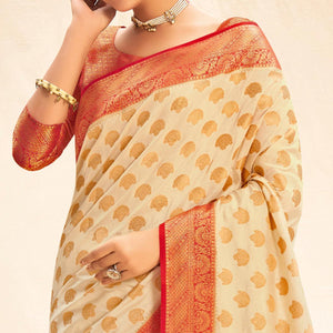 Beige Festive Wear Woven Silk Saree - Peachmode