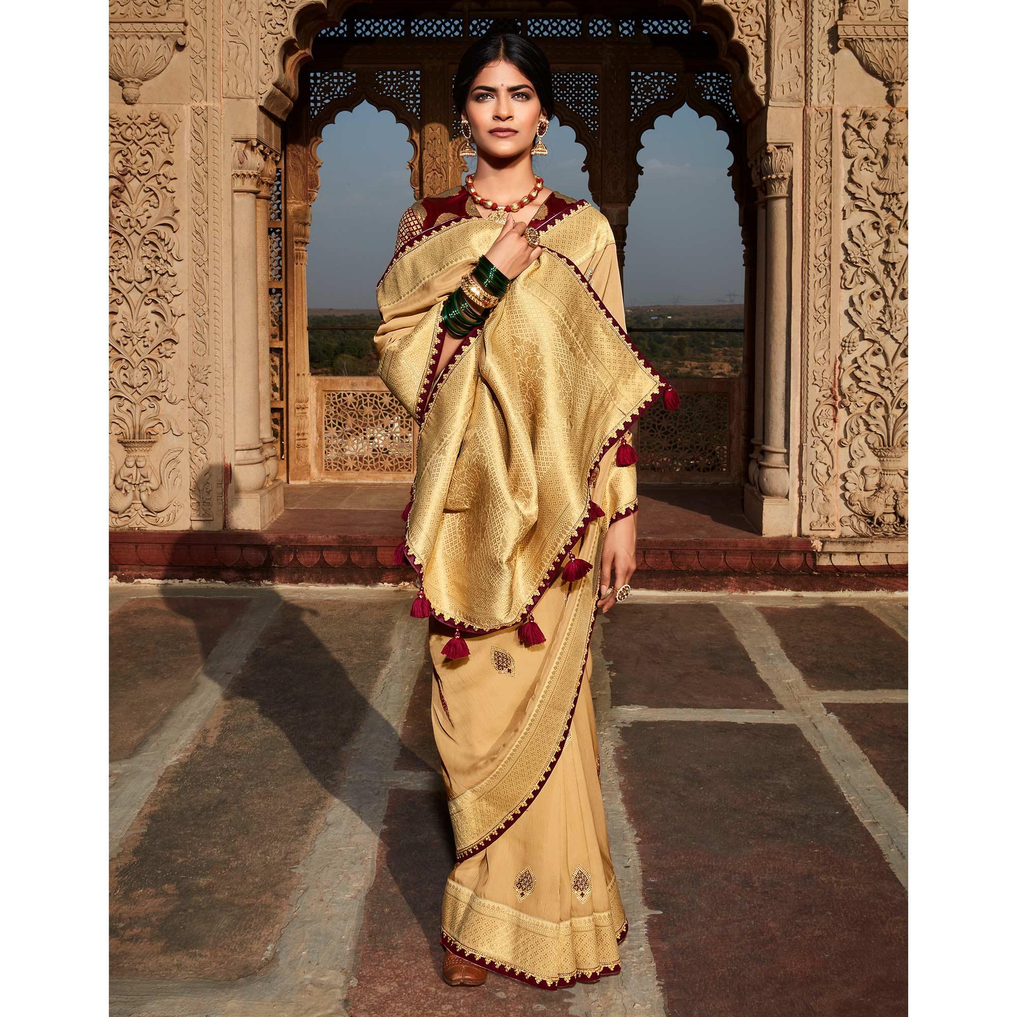 Beige Festive Wear Woven Silk Saree - Peachmode