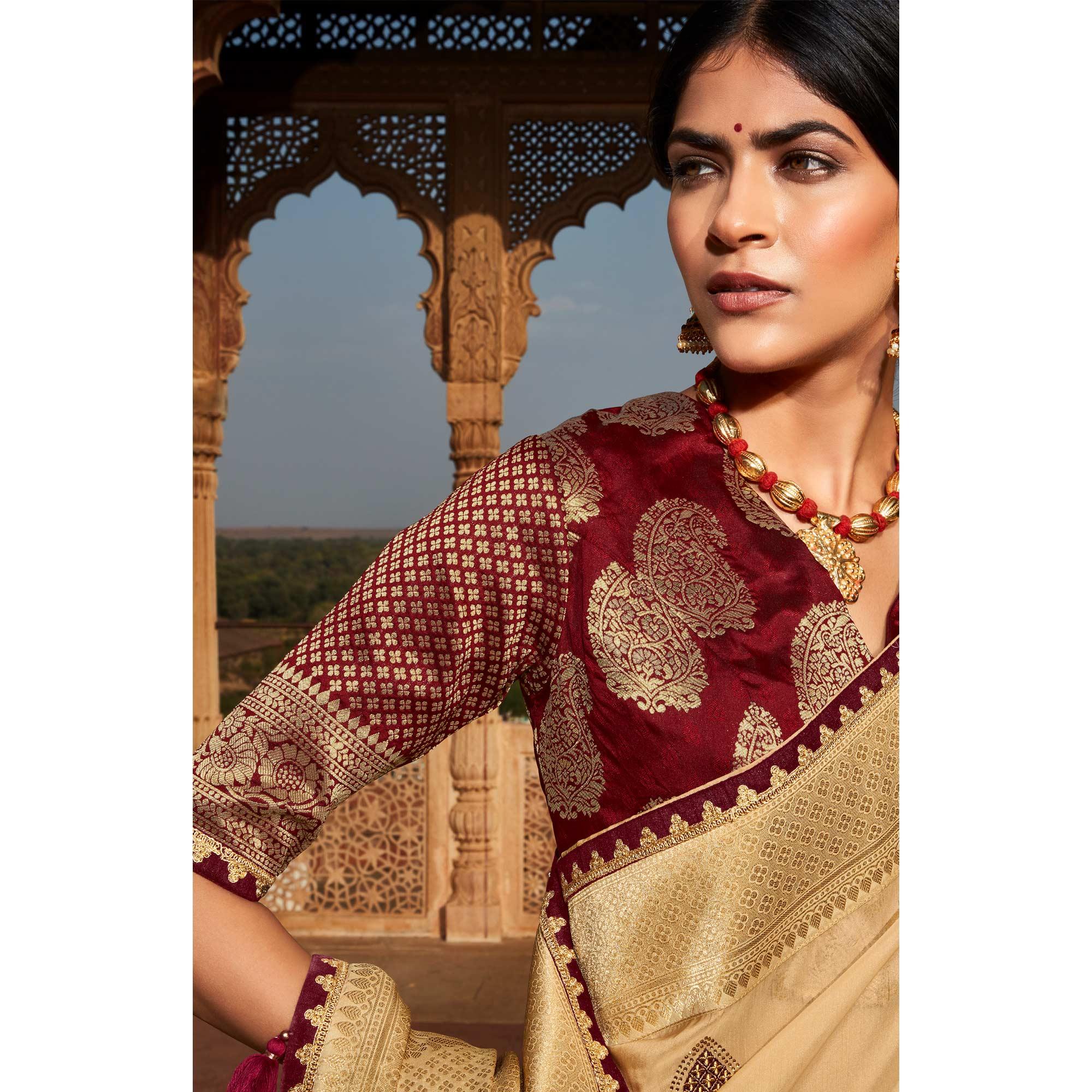 Beige Festive Wear Woven Silk Saree - Peachmode