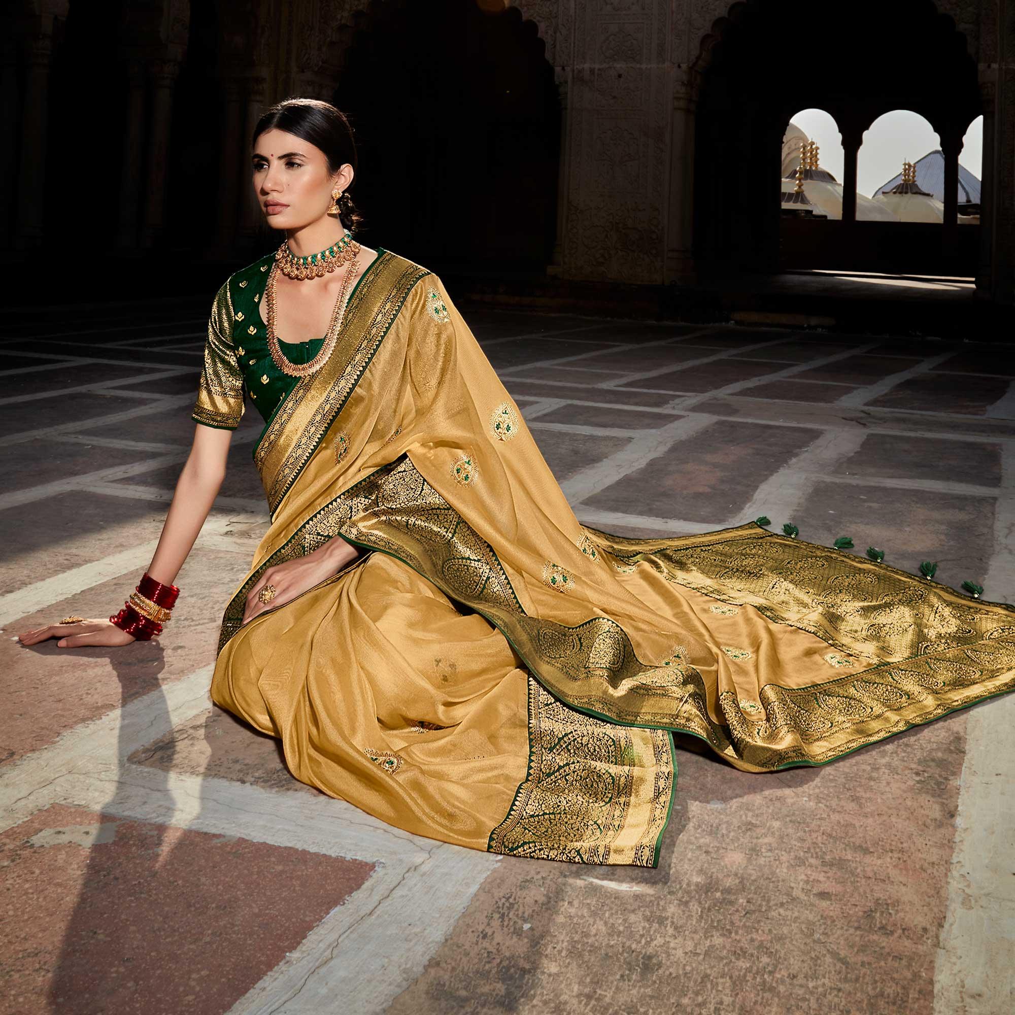 Beige Festive Wear Woven Silk Saree - Peachmode