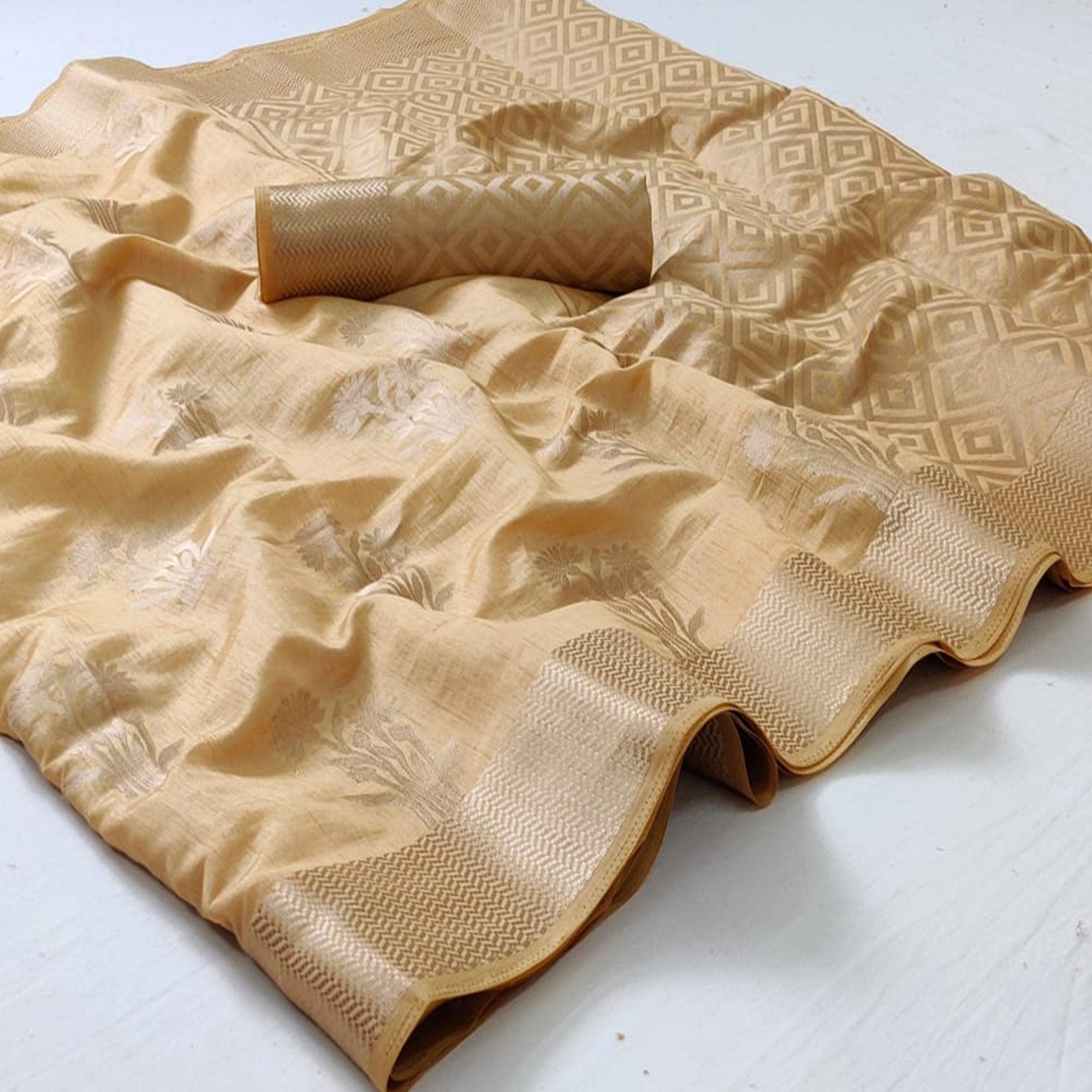 Beige Festive Wear Woven Silk Saree With Butta Pallu - Peachmode