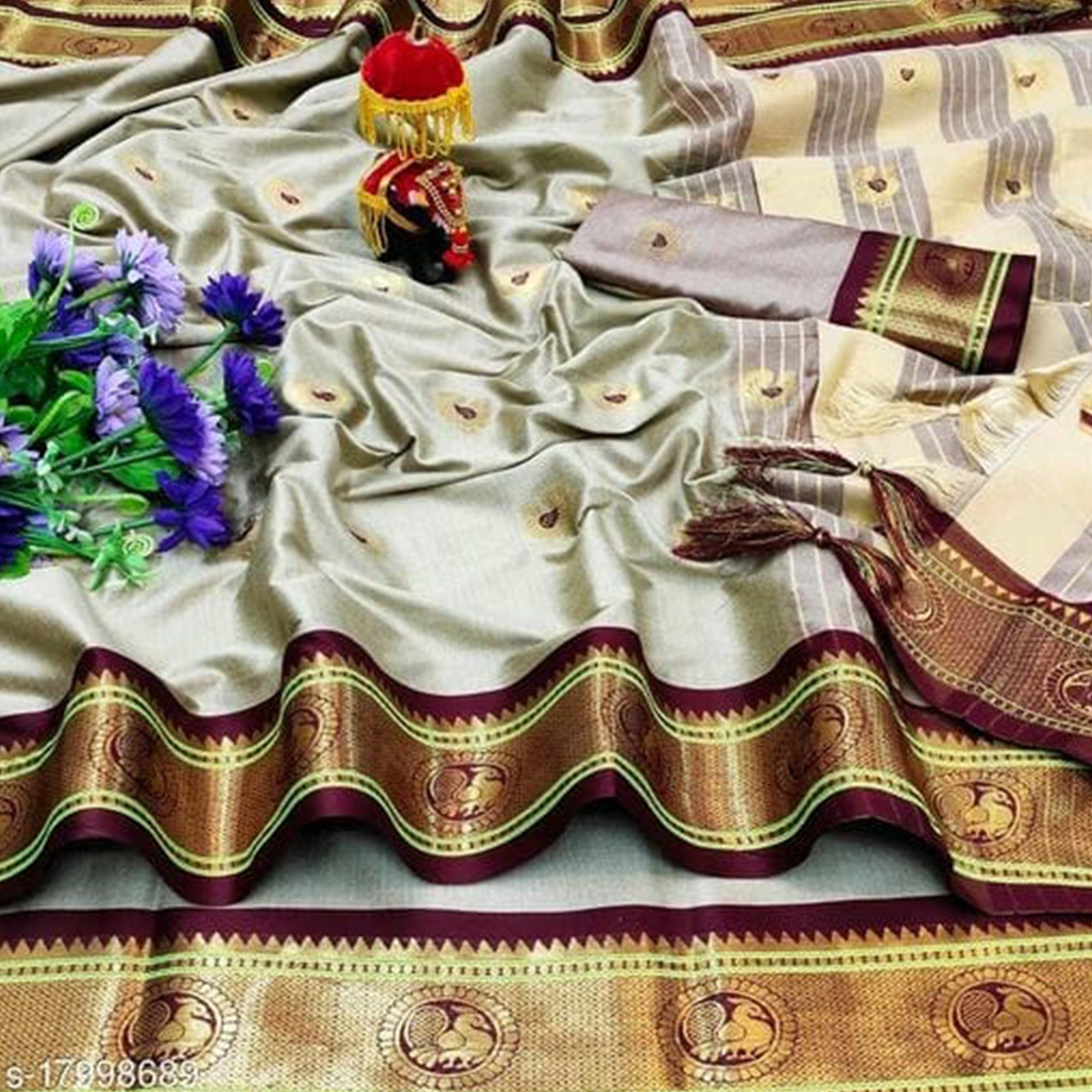 Beige Festive Wear Woven Soft Cotton Saree With Border - Peachmode