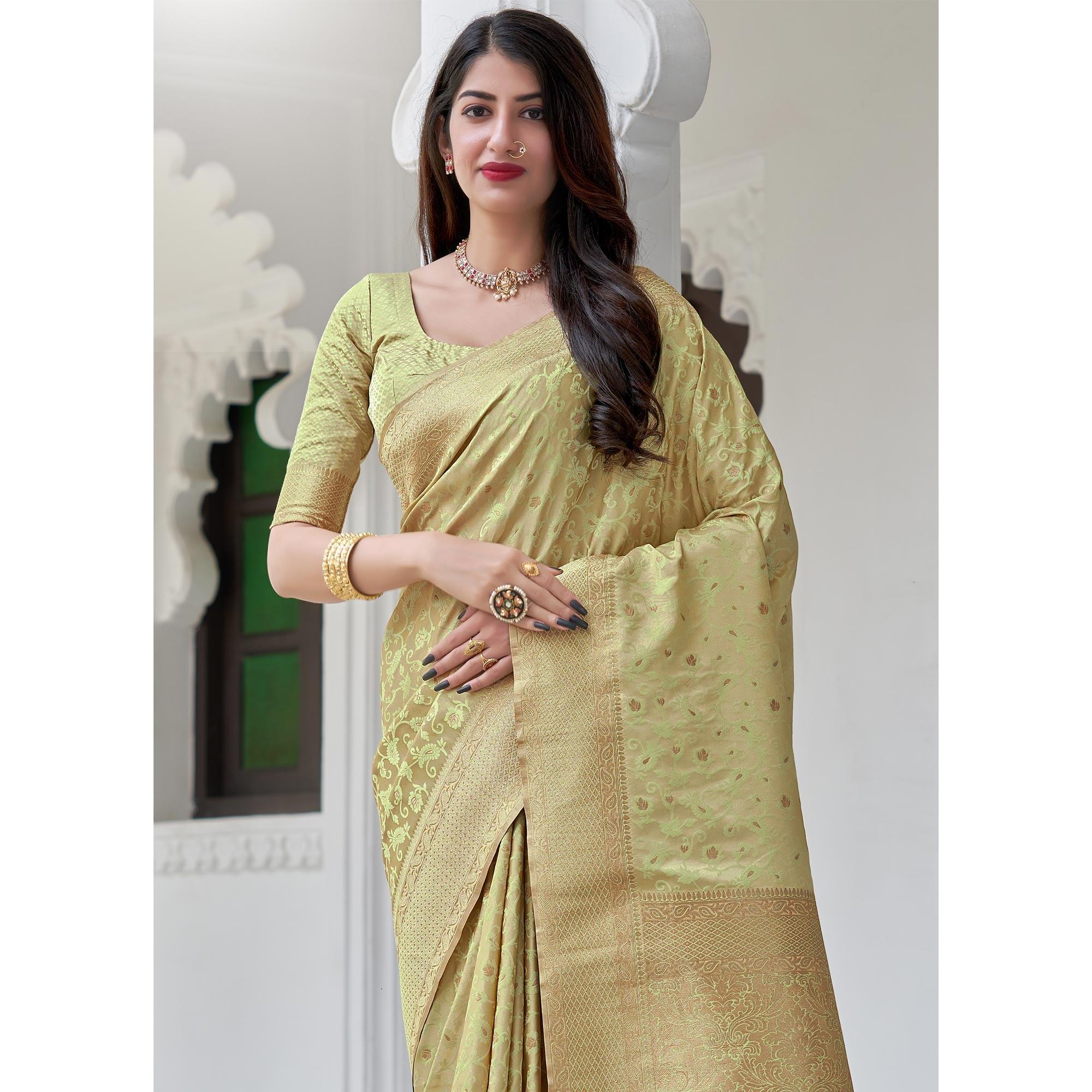 Beige Festive Wear Woven Soft Satin Silk Saree - Peachmode