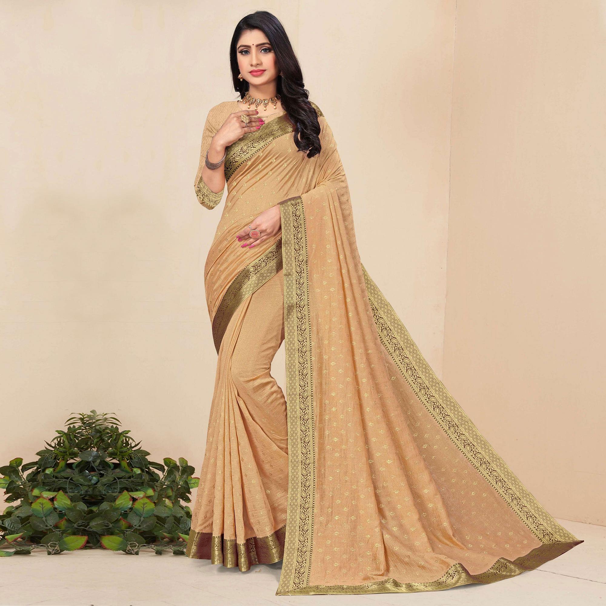Beige Festive Wear Woven Vichitra Silk Saree - Peachmode