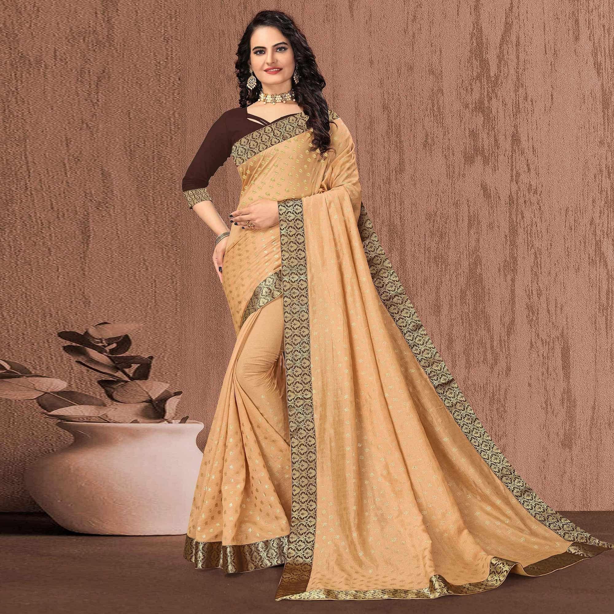 Beige Festive Wear Woven Vichitra Silk Saree - Peachmode