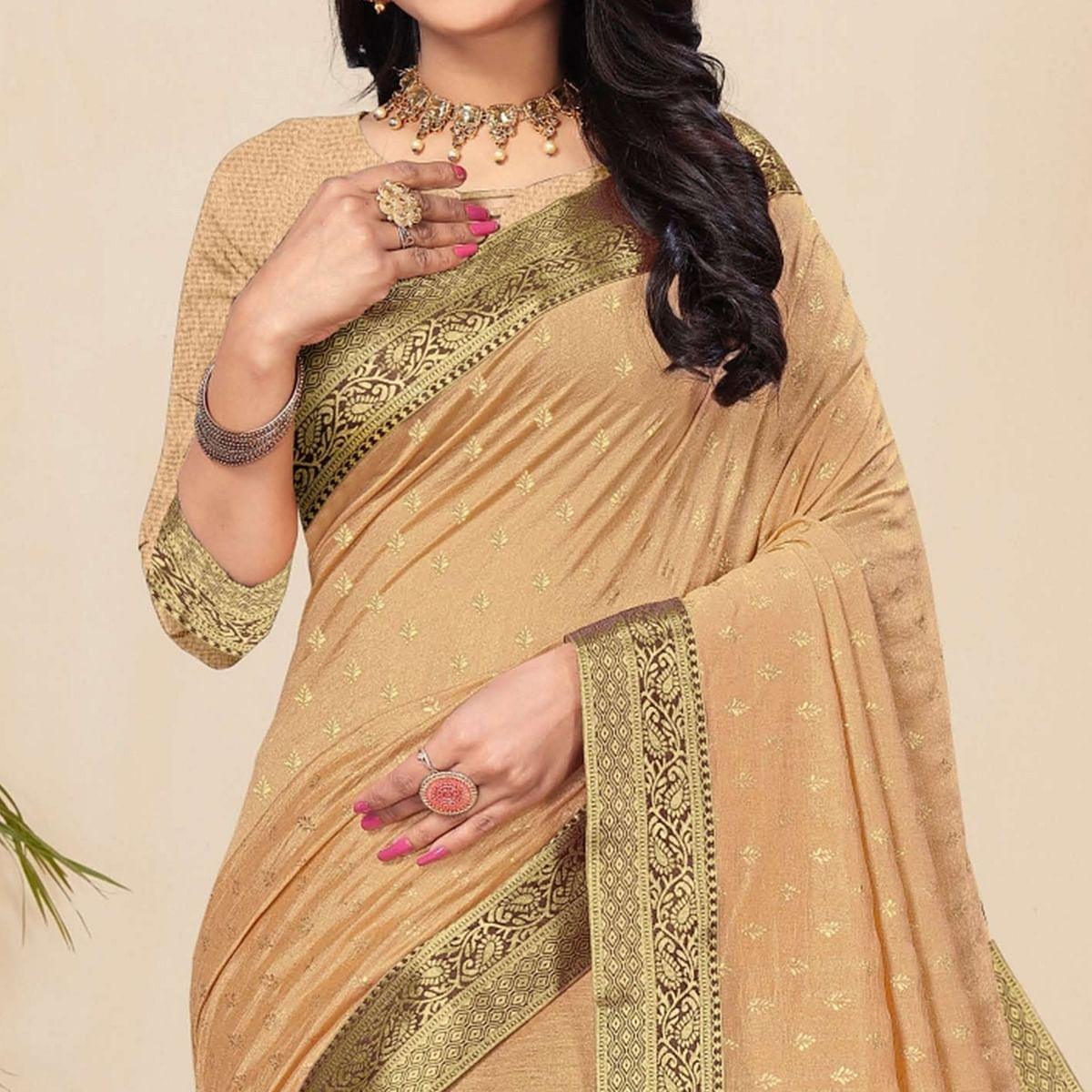 Beige Festive Wear Woven Vichitra Silk Saree - Peachmode