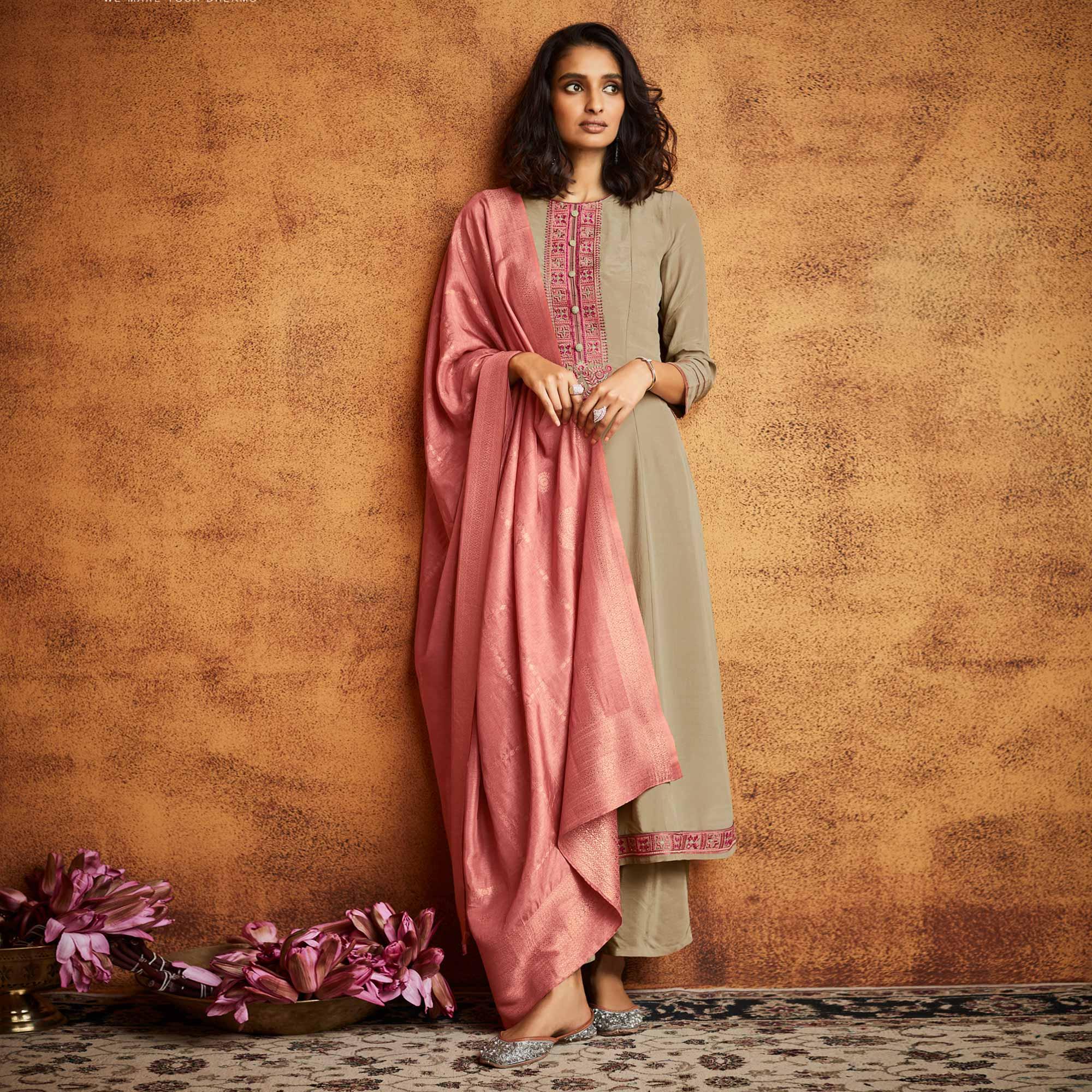 Beige Floral Embroidered Fiona Silk Partywear Suit - Peachmode