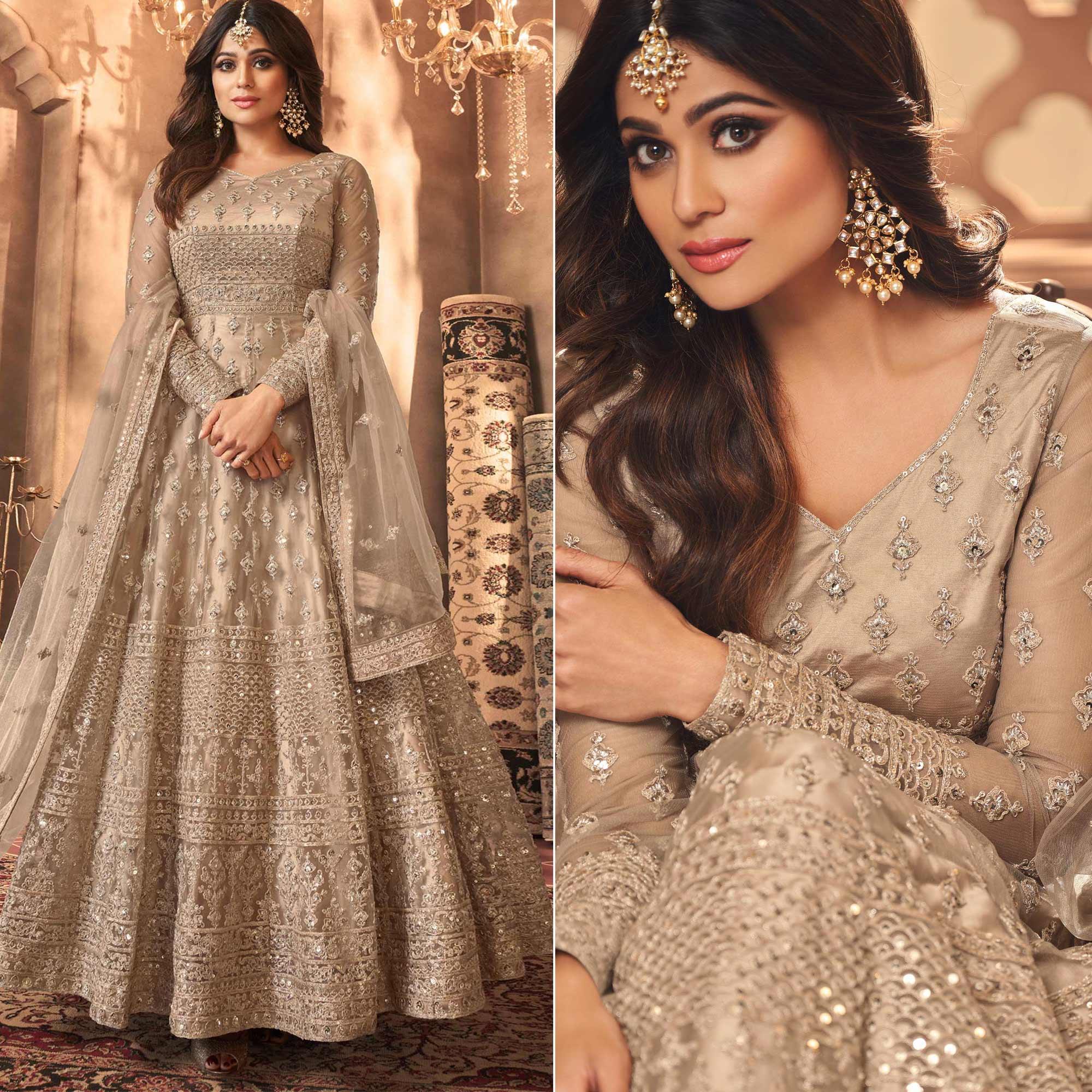 Beige Floral Embroidered Net Anarkali Suit - Peachmode