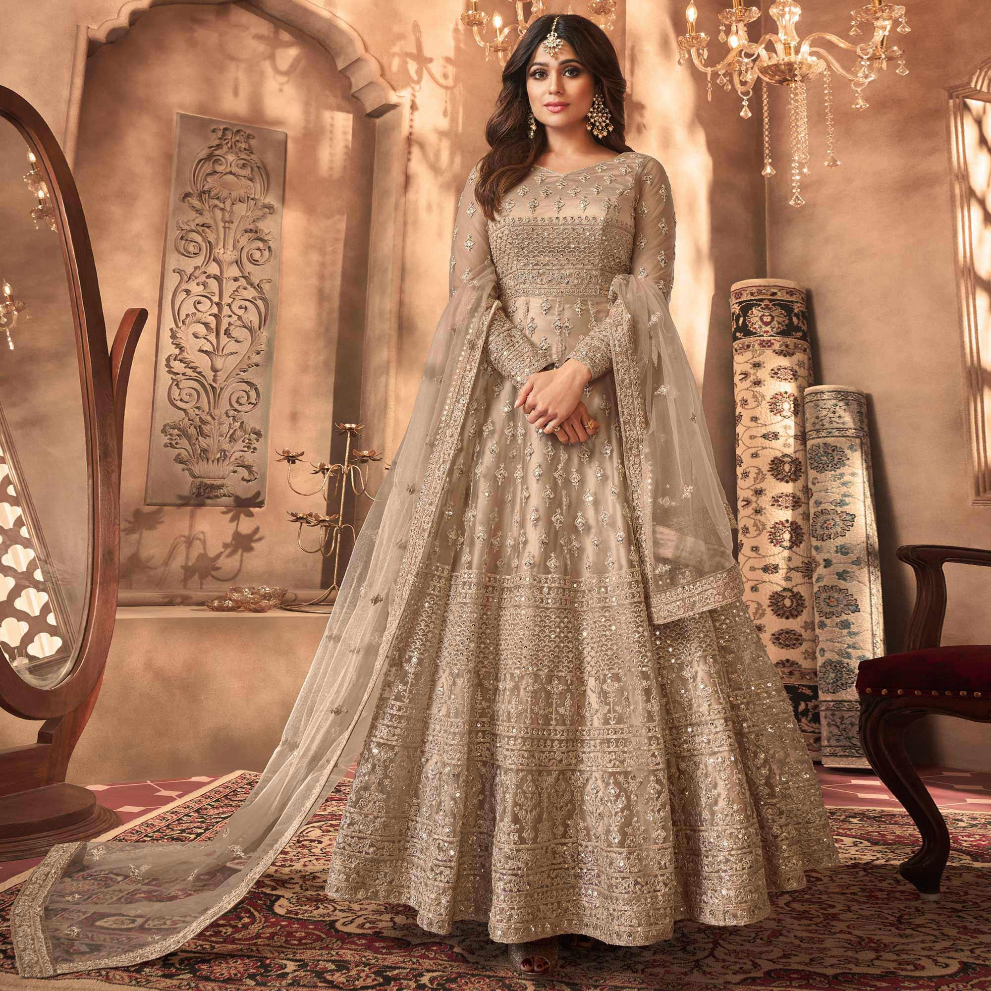 Beige Floral Embroidered Net Anarkali Suit - Peachmode