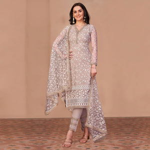 Beige Floral Embroidered Netted Suit - Peachmode