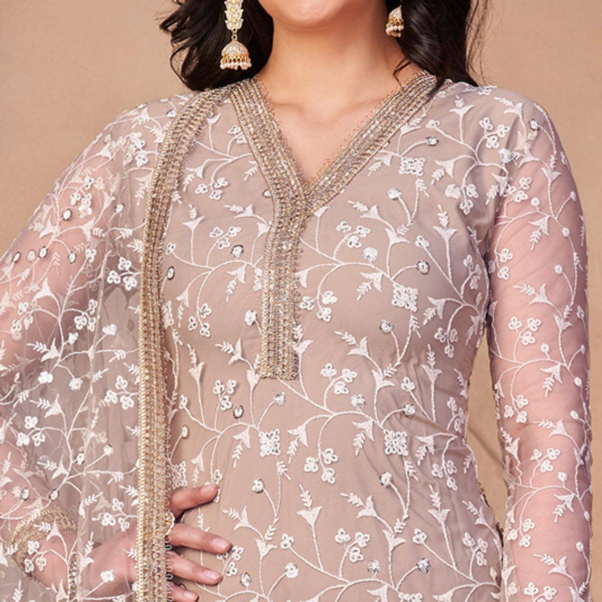 Beige Floral Embroidered Netted Suit - Peachmode