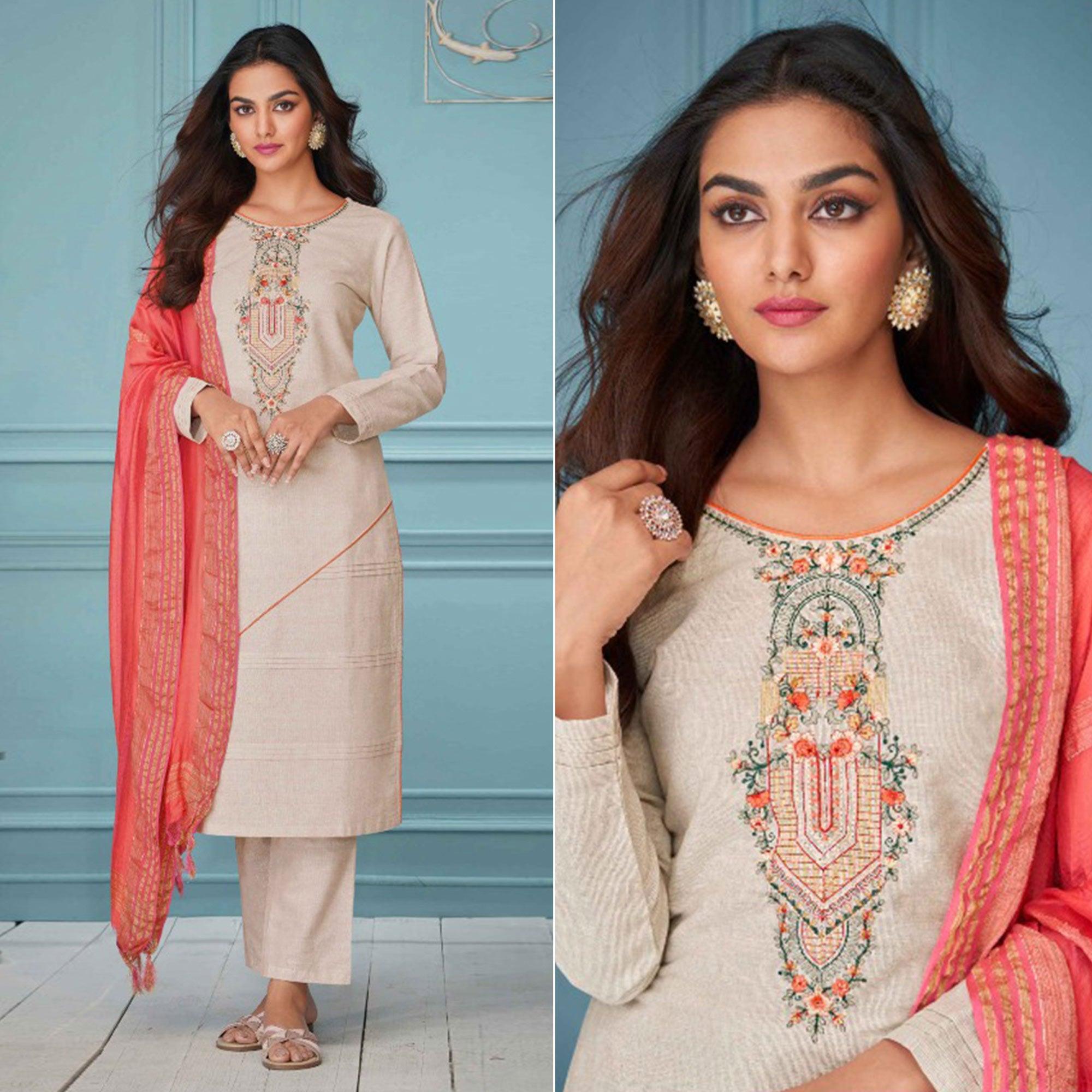 Beige Floral Embroidered Pure Cotton Kurti Pant Set With Dupatta - Peachmode