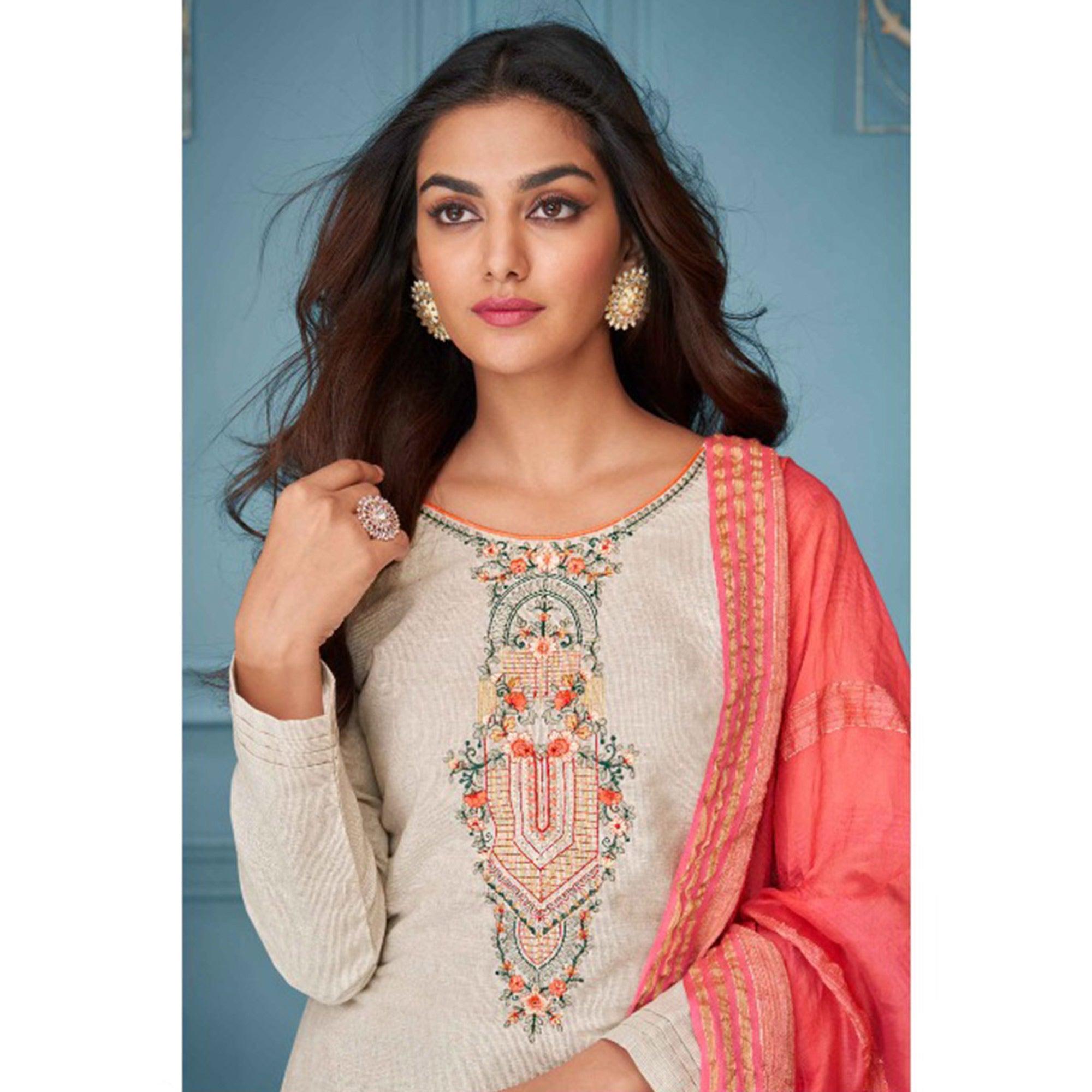 Beige Floral Embroidered Pure Cotton Kurti Pant Set With Dupatta - Peachmode