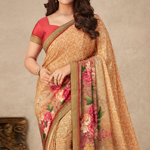 Beige Floral Printed Art Silk Saree - Peachmode