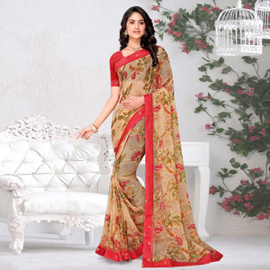 Beige Floral Printed Brasso Saree - Peachmode