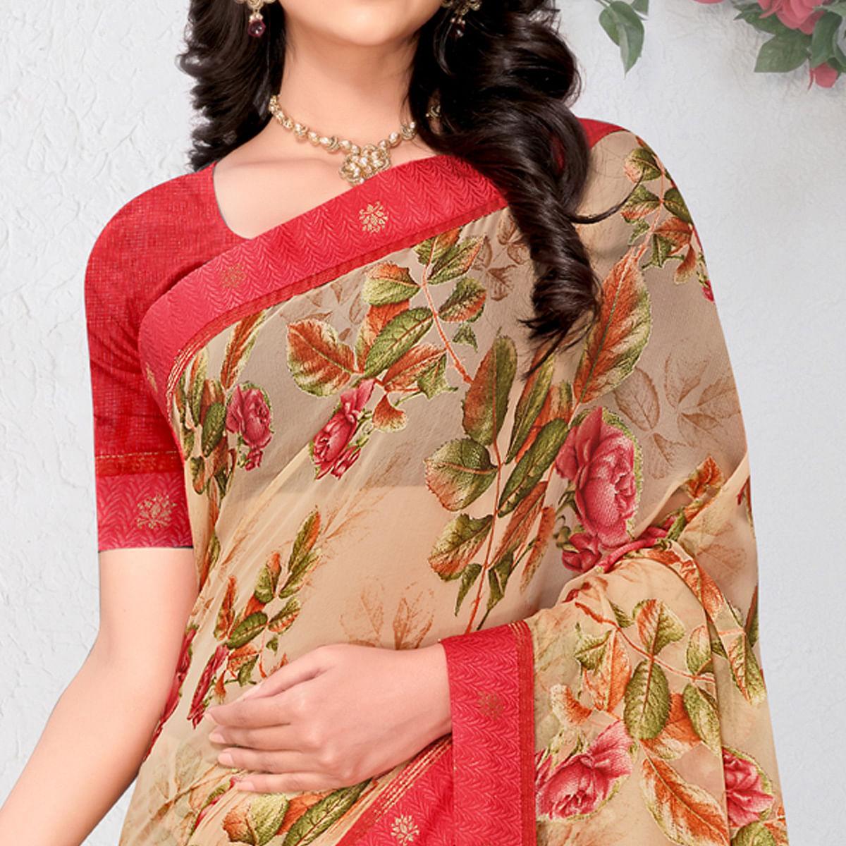 Beige Floral Printed Brasso Saree - Peachmode