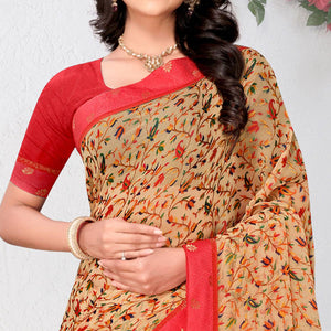 Beige Floral Printed Brasso Saree - Peachmode