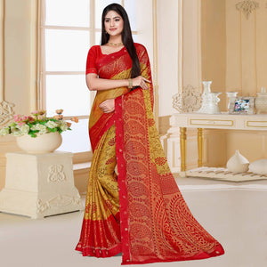 Beige Floral Printed Chiffon Saree - Peachmode