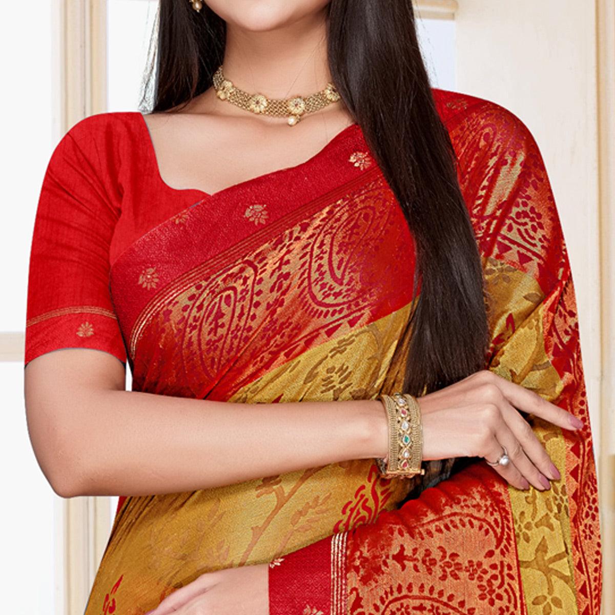 Beige Floral Printed Chiffon Saree - Peachmode