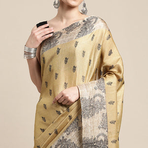Beige Floral Printed Cotton Silk Saree - Peachmode