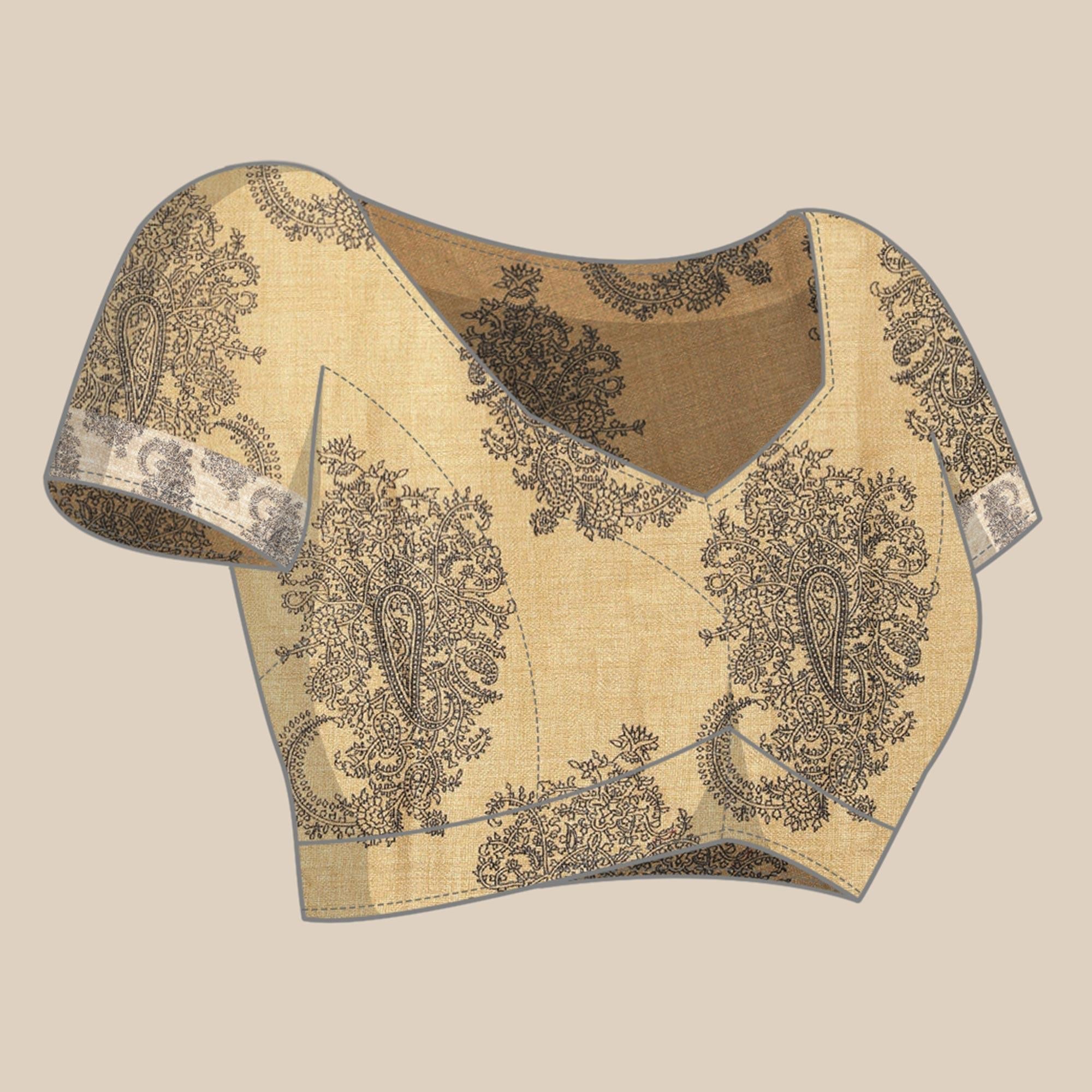 Beige Floral Printed Cotton Silk Saree - Peachmode