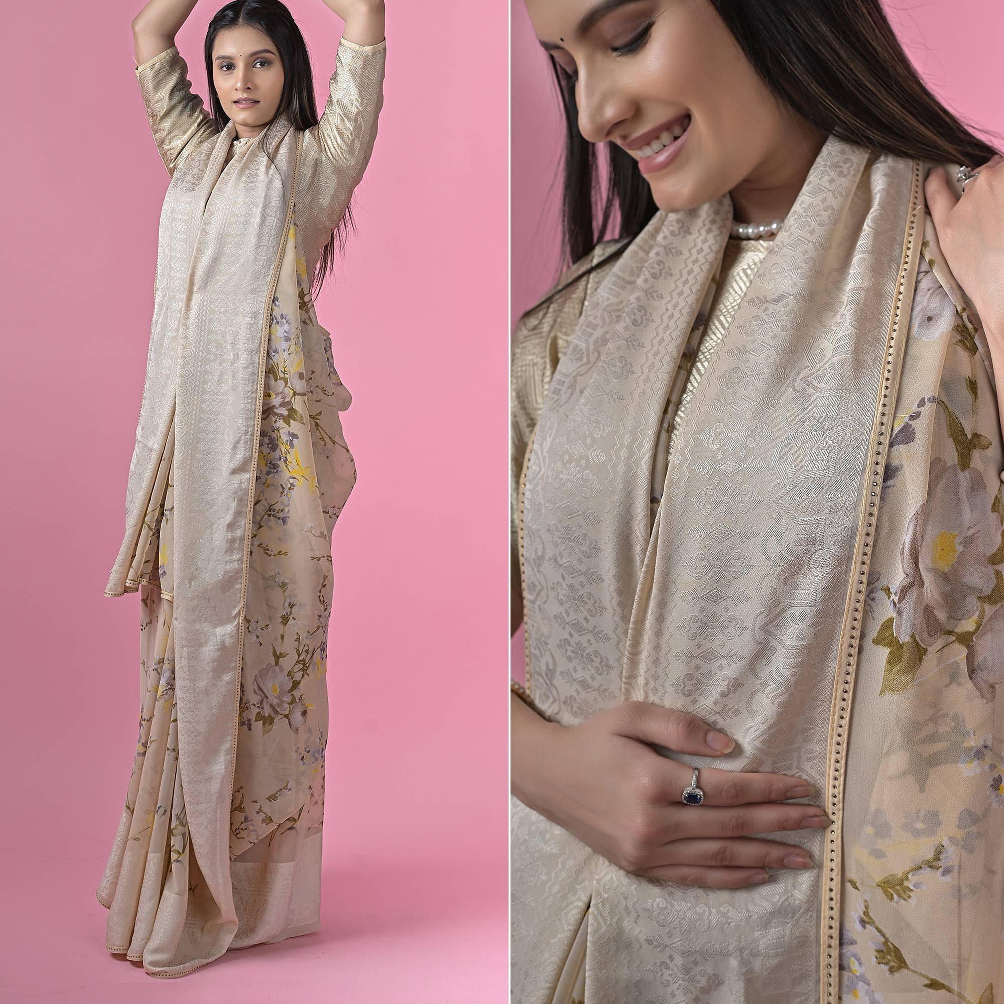 Beige Floral Printed Georgette Saree - Peachmode