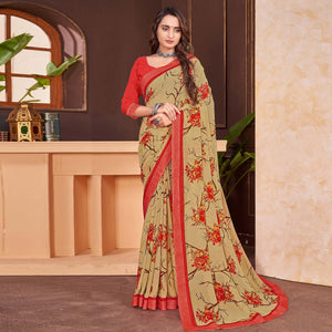Beige Floral Printed Georgette Saree - Peachmode