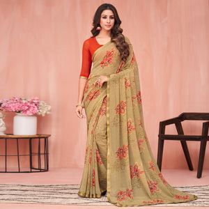 Beige Floral Printed Georgette Saree - Peachmode