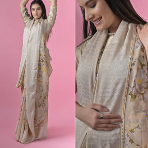 Beige Floral Printed Georgette Saree - Peachmode