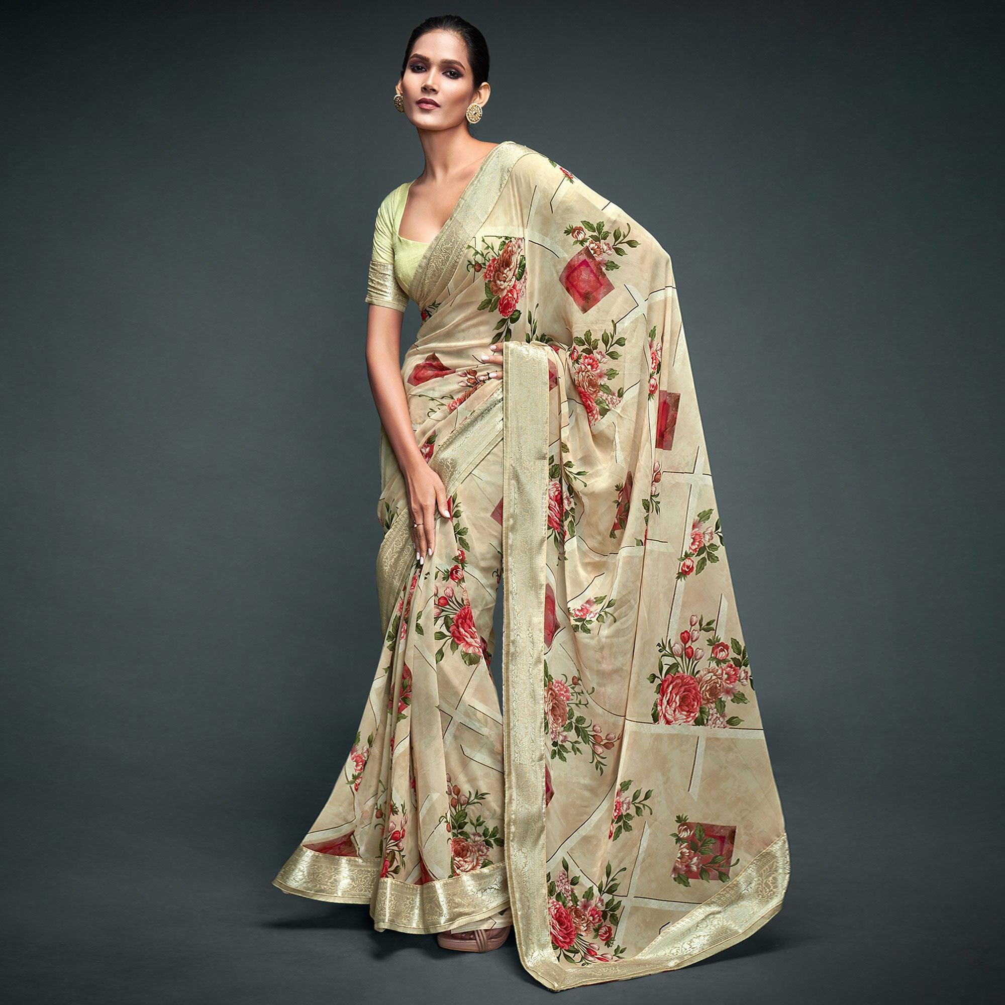 Beige Floral Printed Georgette Saree - Peachmode