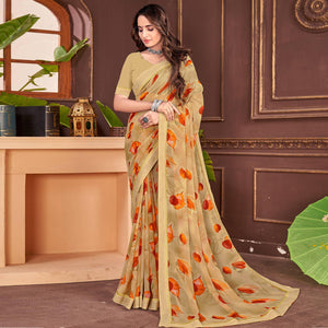 Beige Floral Printed Georgette Saree - Peachmode