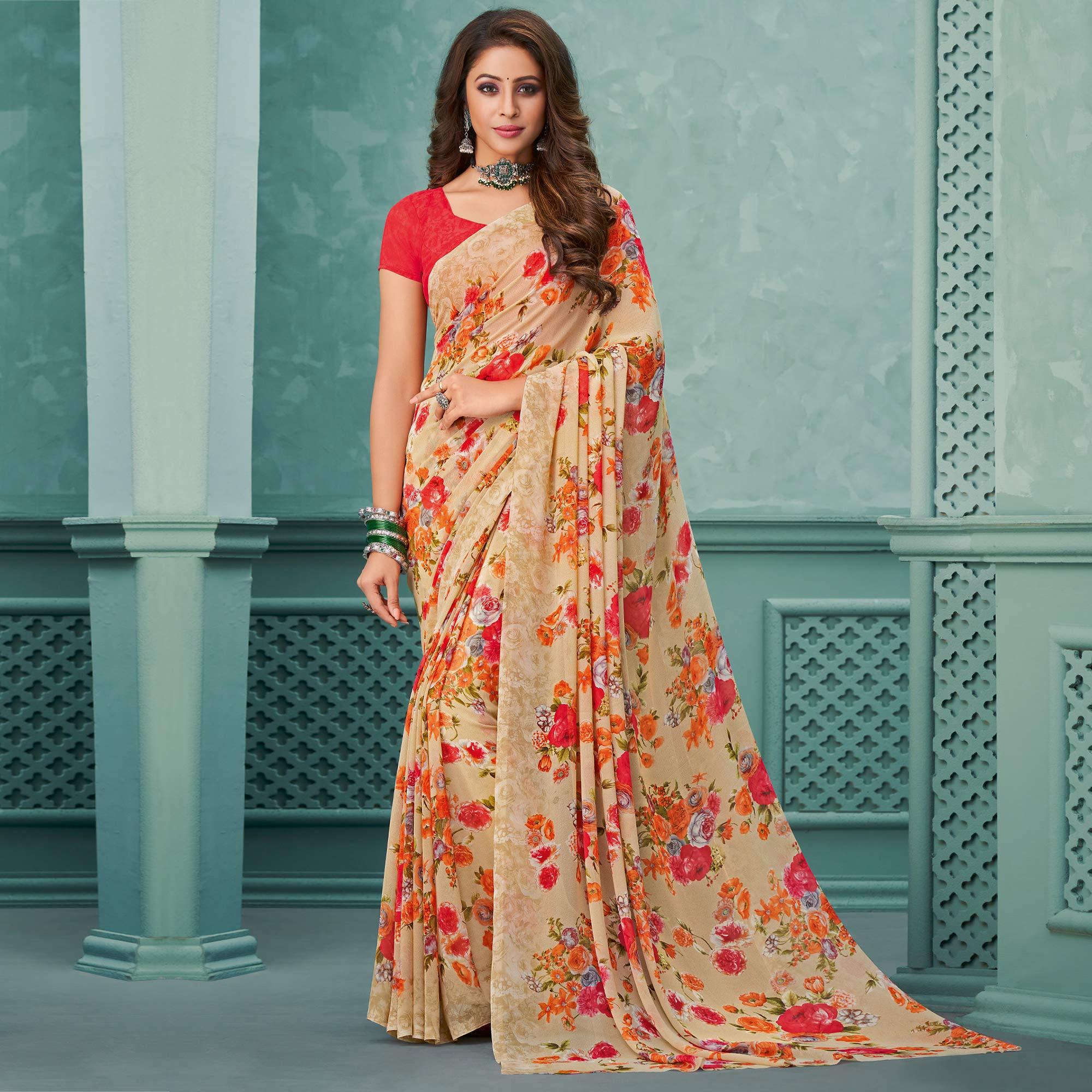 Beige Floral Printed Georgette Saree - Peachmode