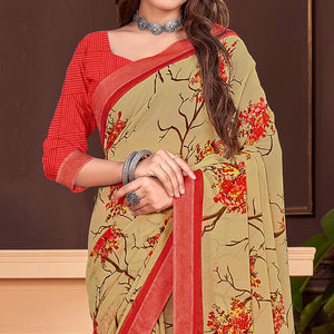 Beige Floral Printed Georgette Saree - Peachmode
