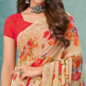 Beige Floral Printed Georgette Saree - Peachmode
