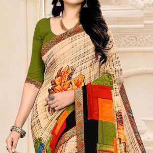 Beige Floral Printed Georgette Saree - Peachmode