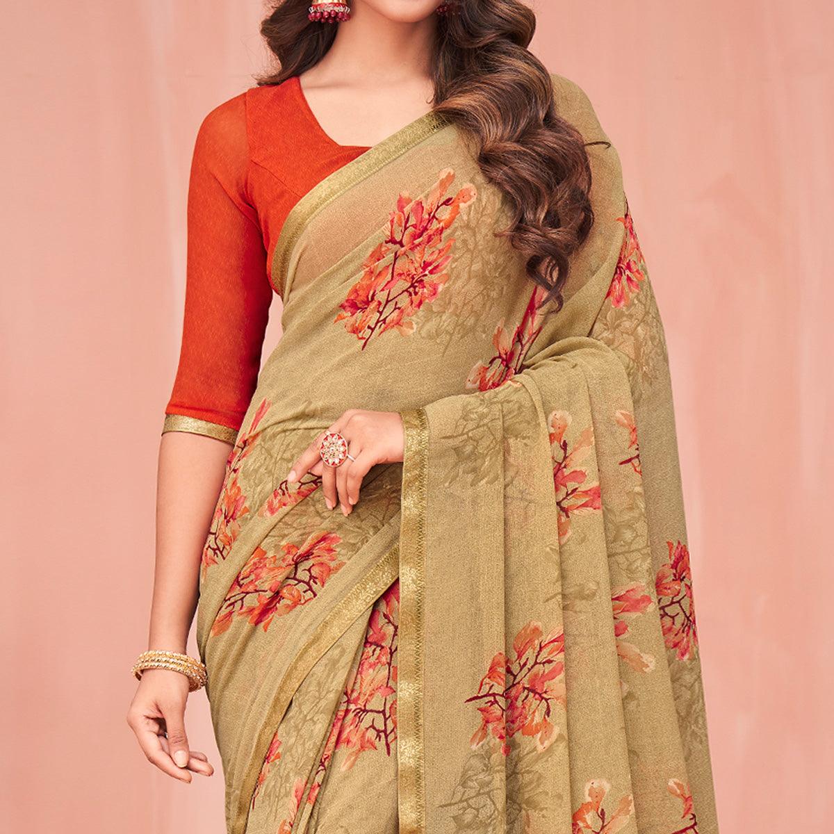 Beige Floral Printed Georgette Saree - Peachmode