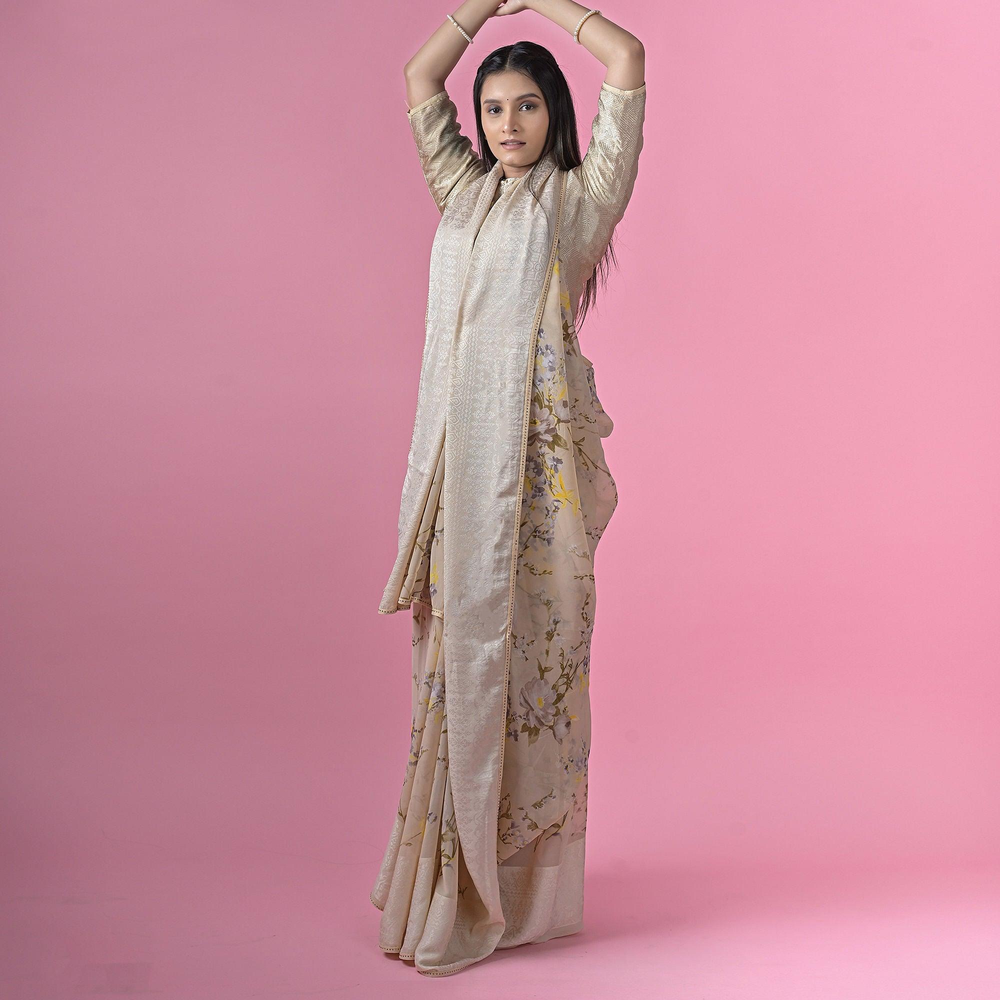 Beige Floral Printed Georgette Saree - Peachmode