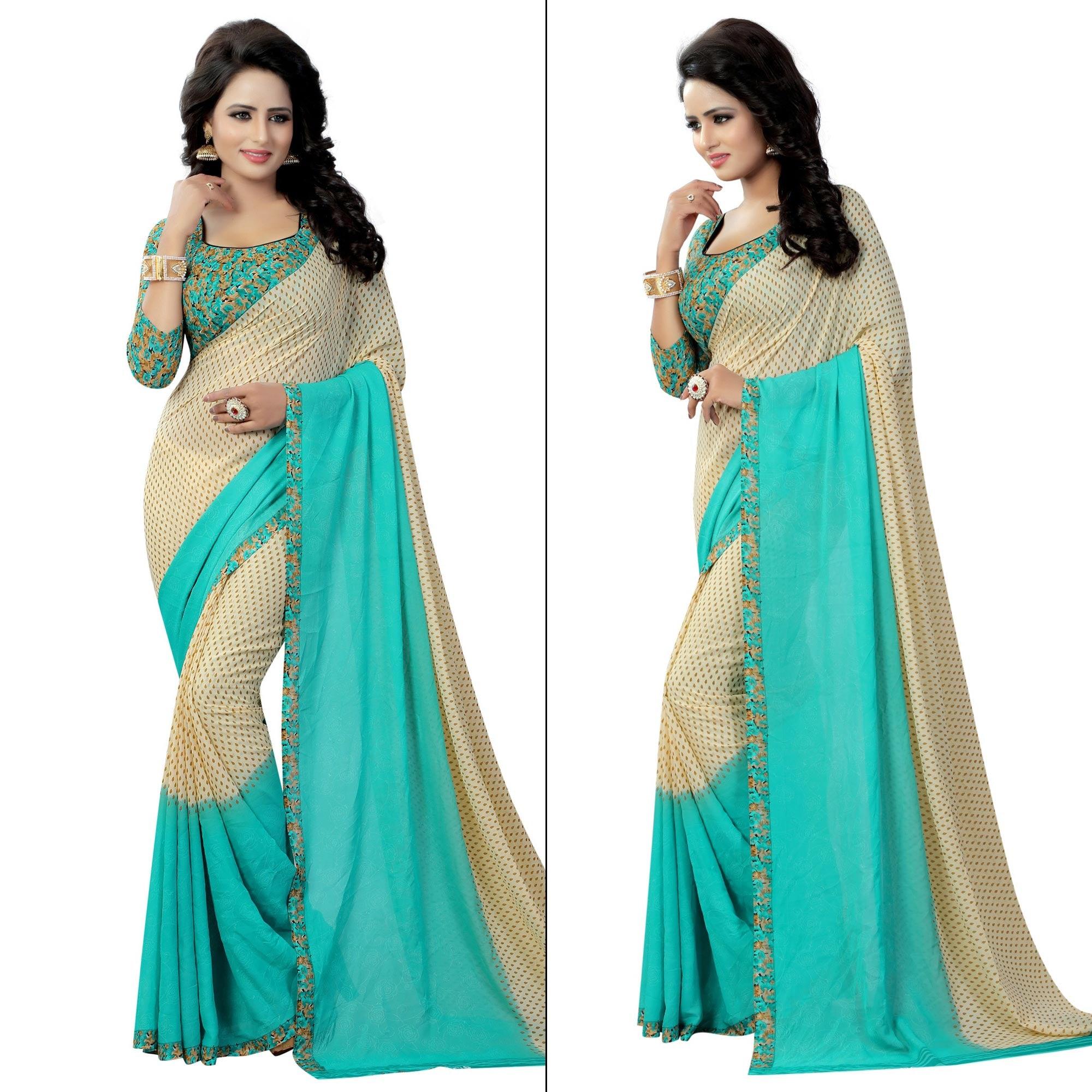 Beige Floral Printed Grorgette Half & Half Saree - Peachmode